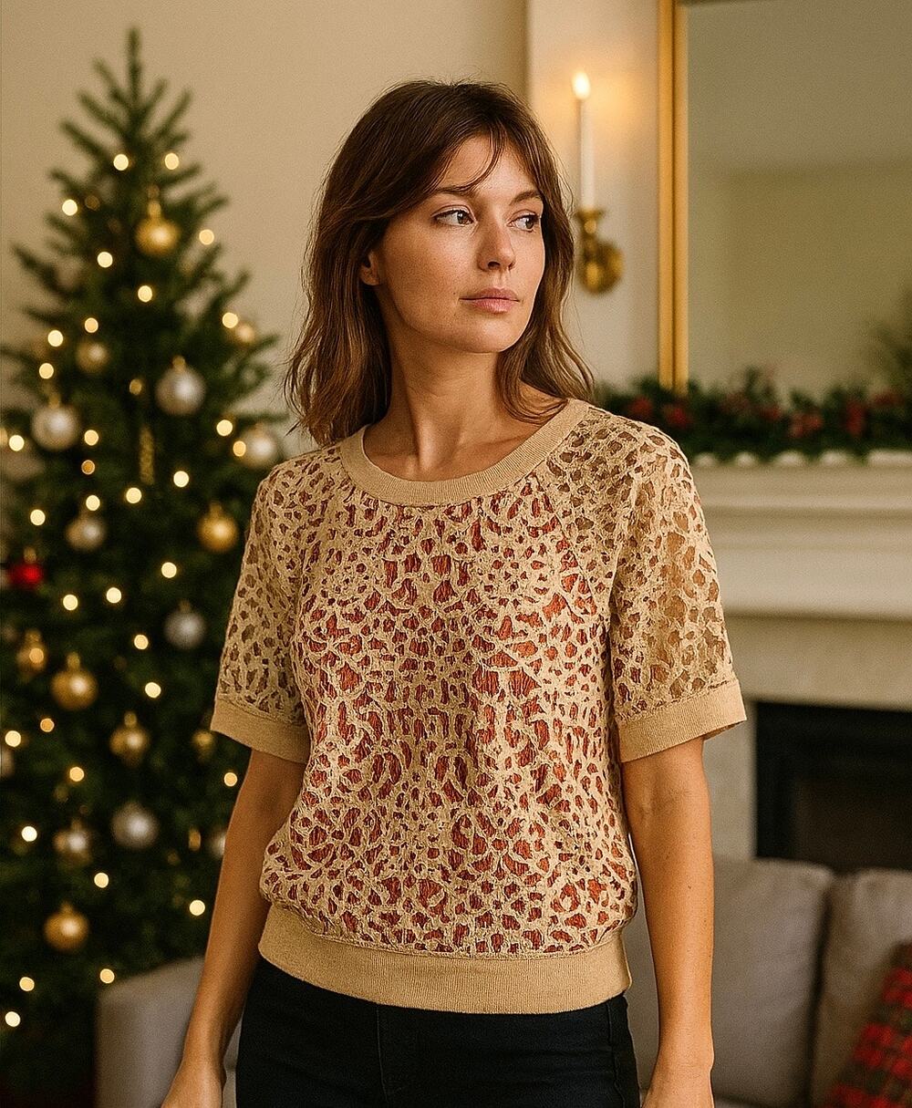 Robert Rodriguez Tan & Orange l Lace Overlay Top Small l Feminine Boho Romantic